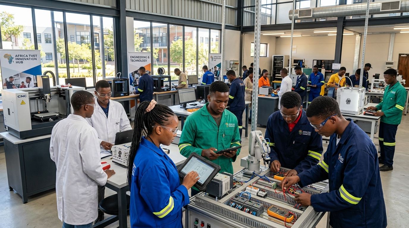 Trainees and trainers at work in a technical training workshop
