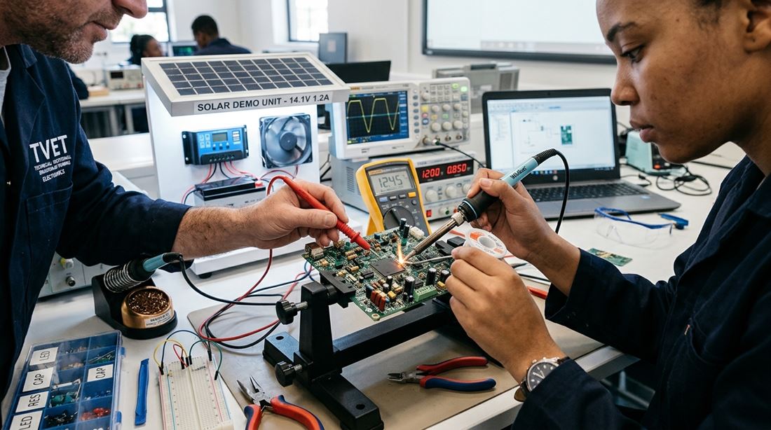 A trainer and a trainee testing a circuit board at a workshop bench